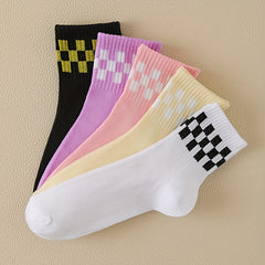 5 Pairs Checkered Pattern Socks Breathable & Comfy Mid Tube Stockings