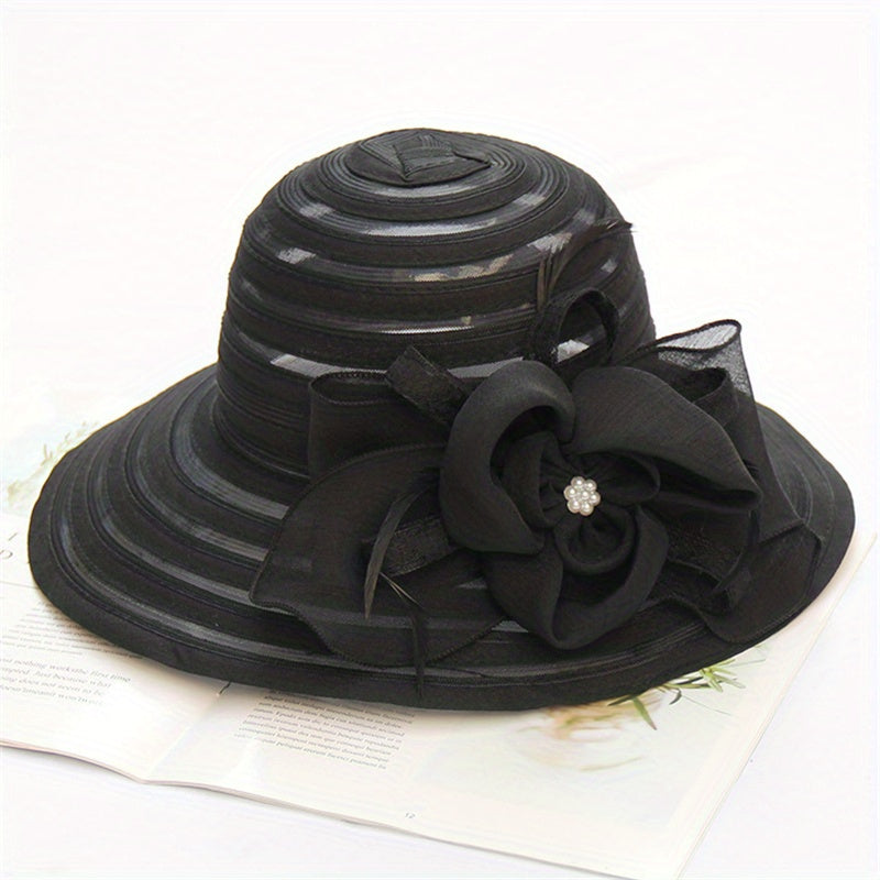 Striped Sun Hat Flower Decor Organza Church Derby Hats