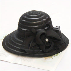 Striped Sun Hat Flower Decor Organza Church Derby Hats