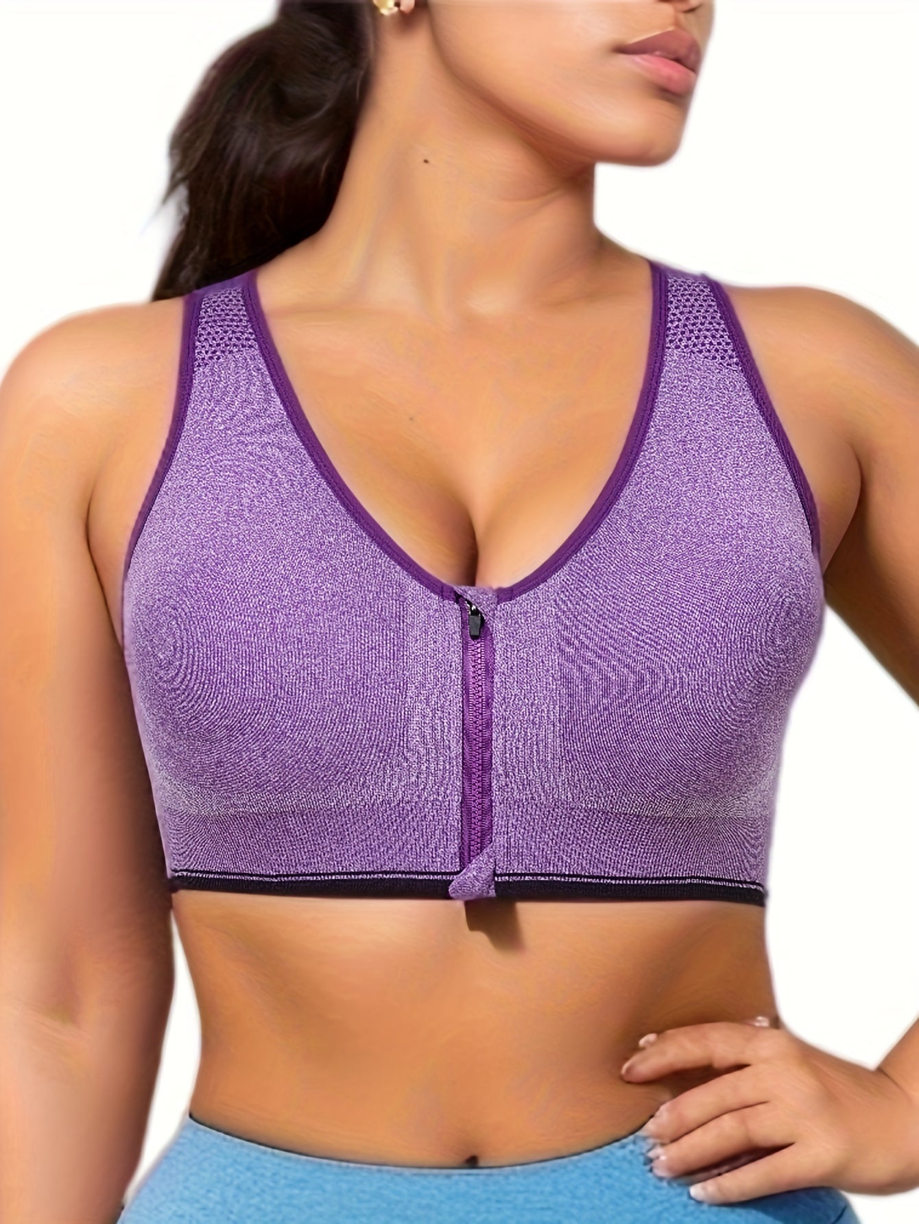 Plus Size Zipper Front Racer Back Sports Bra Wireless Running Gym Bra