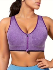 Plus Size Zipper Front Racer Back Sports Bra Wireless Running Gym Bra