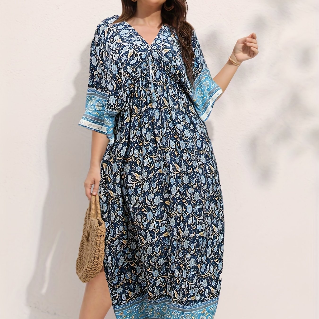 Boho Dress Women's Plus Floral Print Drawstring Backless Maxi Dress