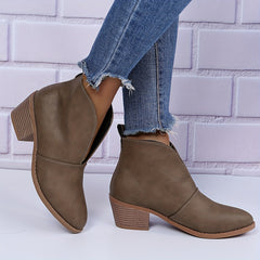 Women's Block Heel Ankle Boots Round Toe V cut Slip On Shoes Anti skid