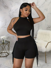Solid Crop Top & Tassel Shorts 2pcs Set