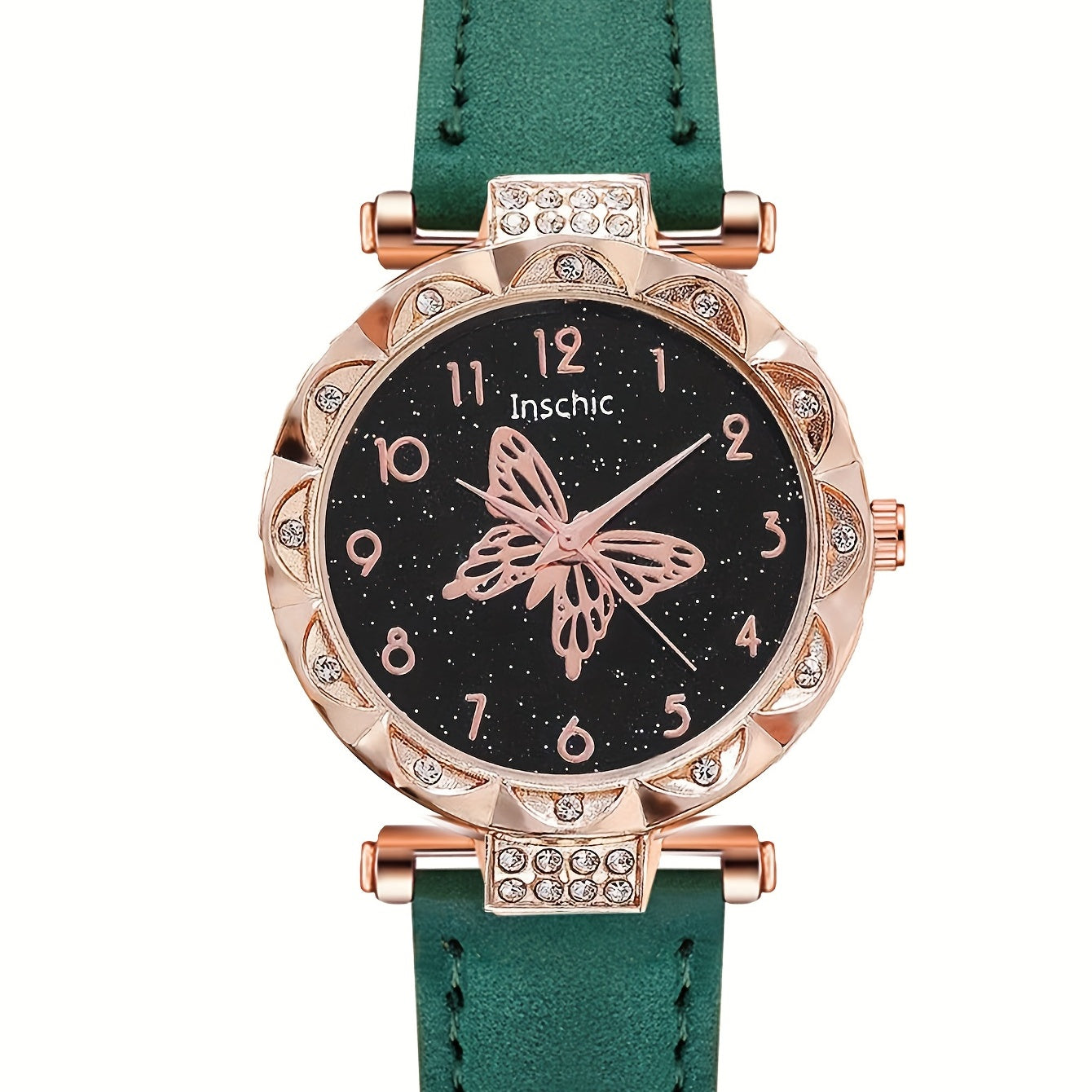 Butterfly Quartz Watch & 4 Bracelets Set, Green Butterfly
