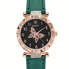 Butterfly Quartz Watch & 4 Bracelets Set, Green Butterfly