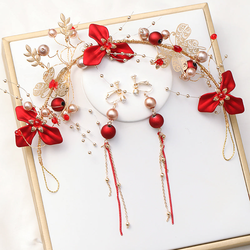 Chinese Style Red Flower Bridal Hair Accessories Set