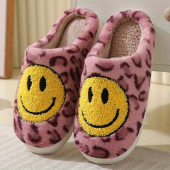 Women's Smile Face Pattern Slippers Leopard Print Plush Lined Slip On Flat Shoes