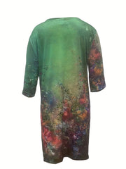 Floral Print Plus Size V Neck Half Sleeve Dress