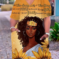 Casual Dress Women's Plus Slogan & Cartoon Figure Print V Neck Stretch
