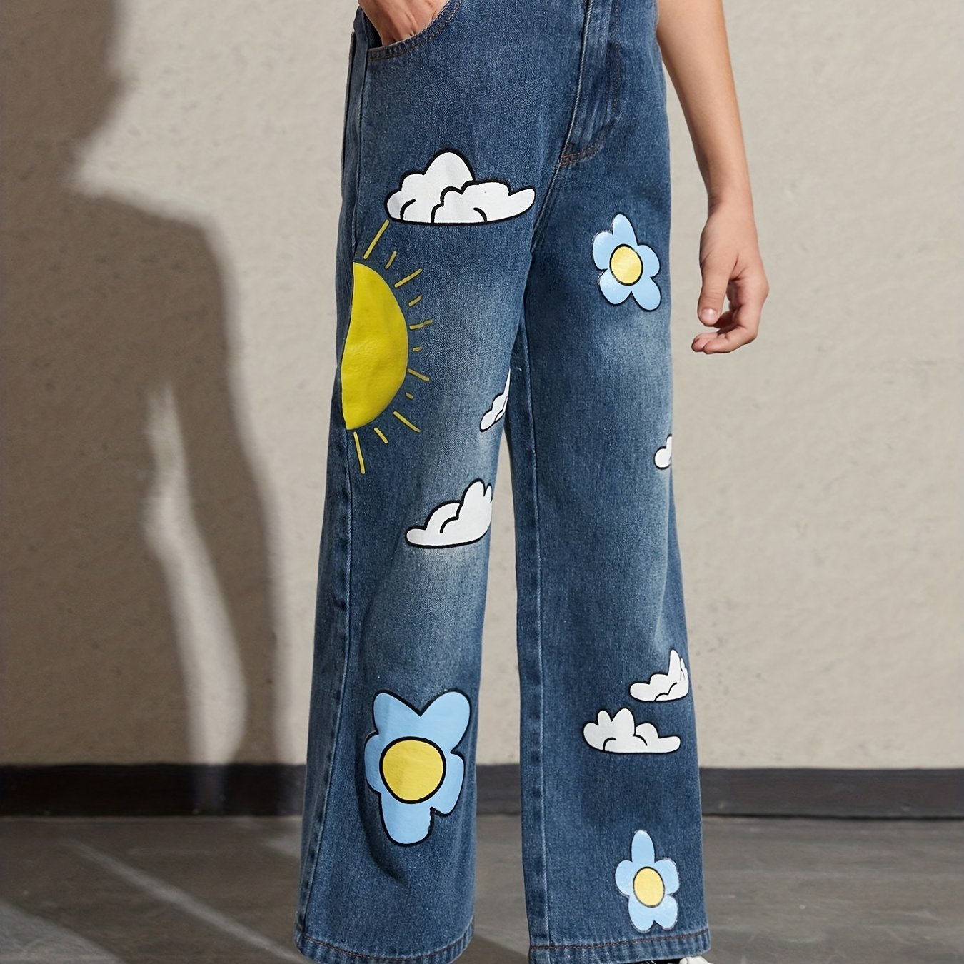 Girls Sun Flower Cloud Print Denim Trousers for Daily Wear