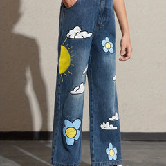 Girls Sun Flower Cloud Print Denim Trousers for Daily Wear