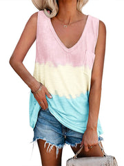 Tie Dye V Neck Cami Top Sleeveless Loose Pocket Fit Tunic Tank Top