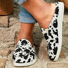 Cow Print Flat Mules Closed Toe Canvas Slippers