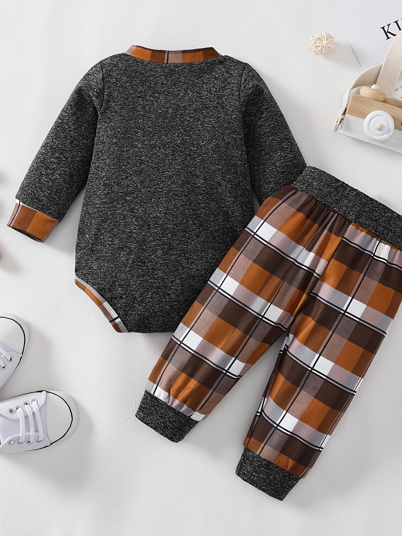 Newborn Infant Romper Long Sleeve Round Neck Bodysuit & Plaid Pants