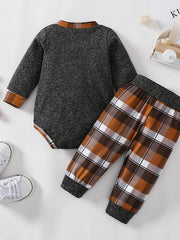 Newborn Infant Romper Long Sleeve Round Neck Bodysuit & Plaid Pants
