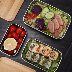 Square Lunch Box Bamboo Lid Bento Stainless Steel Crisper Travel Food Containers
