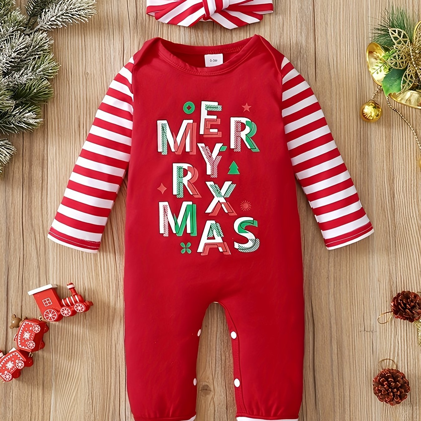 Christmas Letter Print Striped Bodysuit & Headband Baby Set