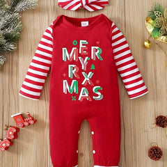 Christmas Letter Print Striped Bodysuit & Headband Baby Set