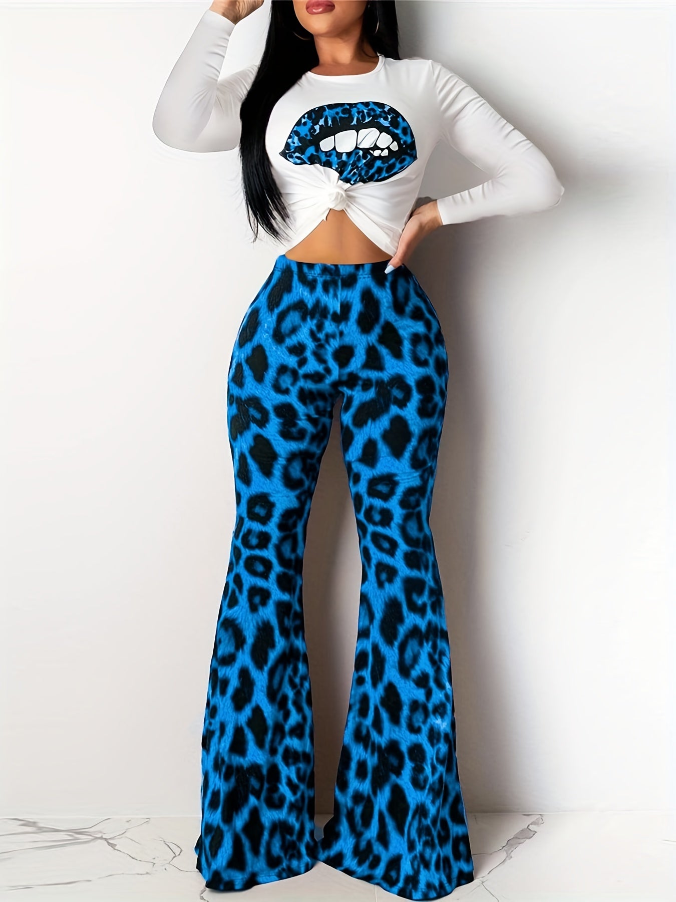 Leopard Print and Lips Print Two-Piece Set: Long Sleeve Top & Flared Leg Pants