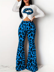 Leopard Print and Lips Print Two-Piece Set: Long Sleeve Top & Flared Leg Pants