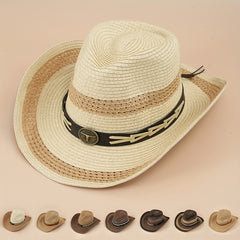 Straw Cowboy Hat Boho Jazz Sun Hat Unisex Western Cowgirl Hat