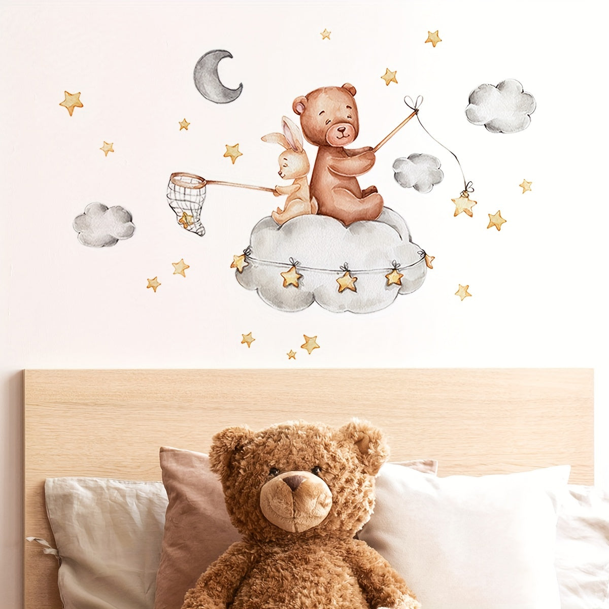Bear and Bunny Nursery Decor Vinyl Wall Stickers with Stars and Clouds