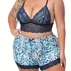 Leopard Lace Crop Cami Top & Shorts Pajama Set