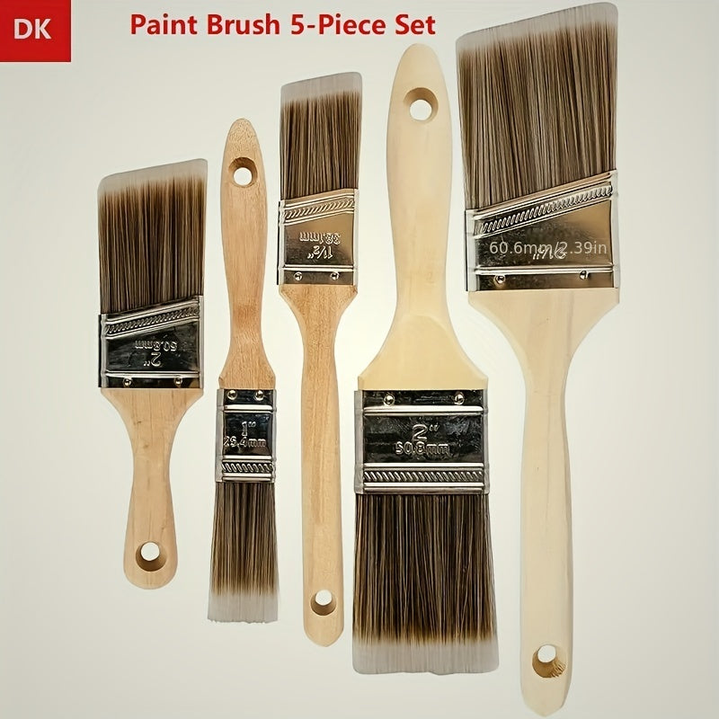 5 Piece Pro Paint Brush Set Angled Brushes Wooden Handle Stainless Ferrule