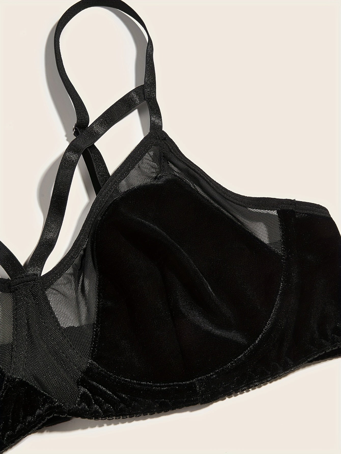 Sexy Bra Women's Plus Velvet Contrast Mesh Cut Out Underwire Solid
