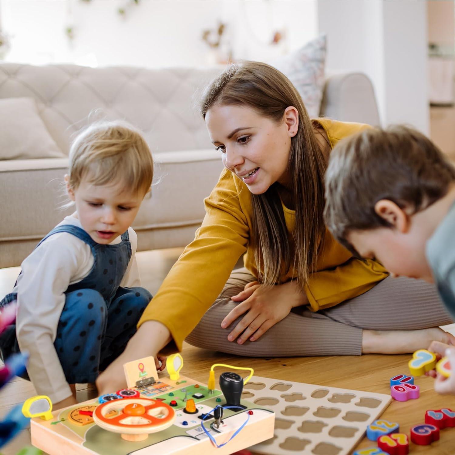 Dyzi Sensory Toy with Steering Wheel and LED Light Switches Wooden Busy Board