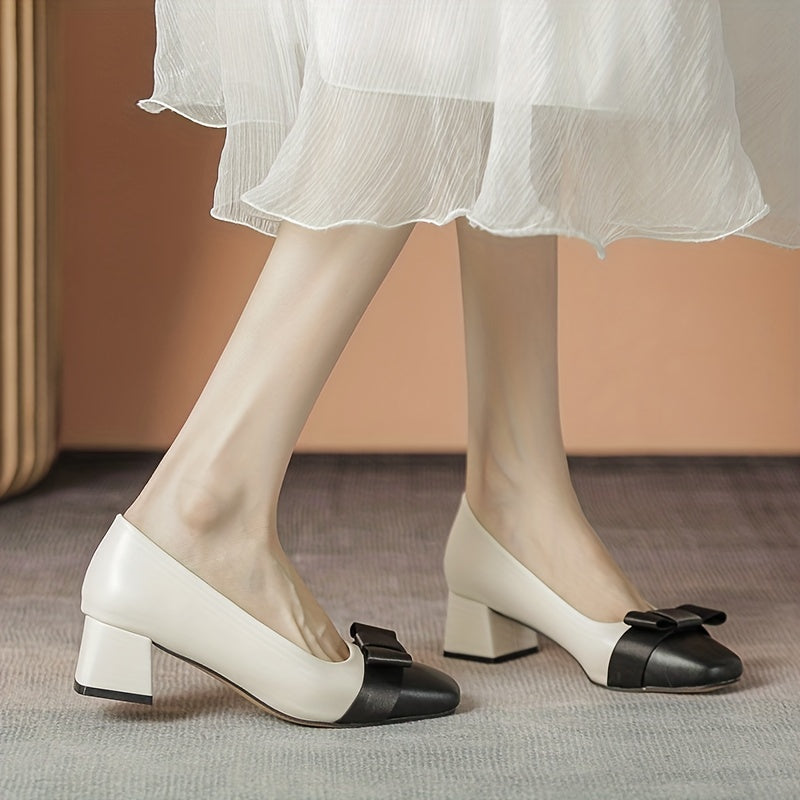 Bowknot Mid Heels Square Toe Slip-On Chunky Heels Dress Shoes