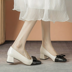 Bowknot Mid Heels Square Toe Slip-On Chunky Heels Dress Shoes