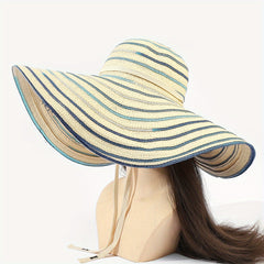 Striped Lace Sun Hat Wide Brim Hollow Straw UV Protection Travel Beach Hat