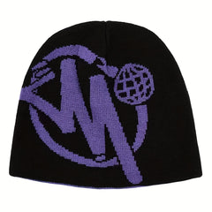 Reversible Letter Jacquard Beanie Hip Hop Knitted Skull Hat Double Warm Knit Hat