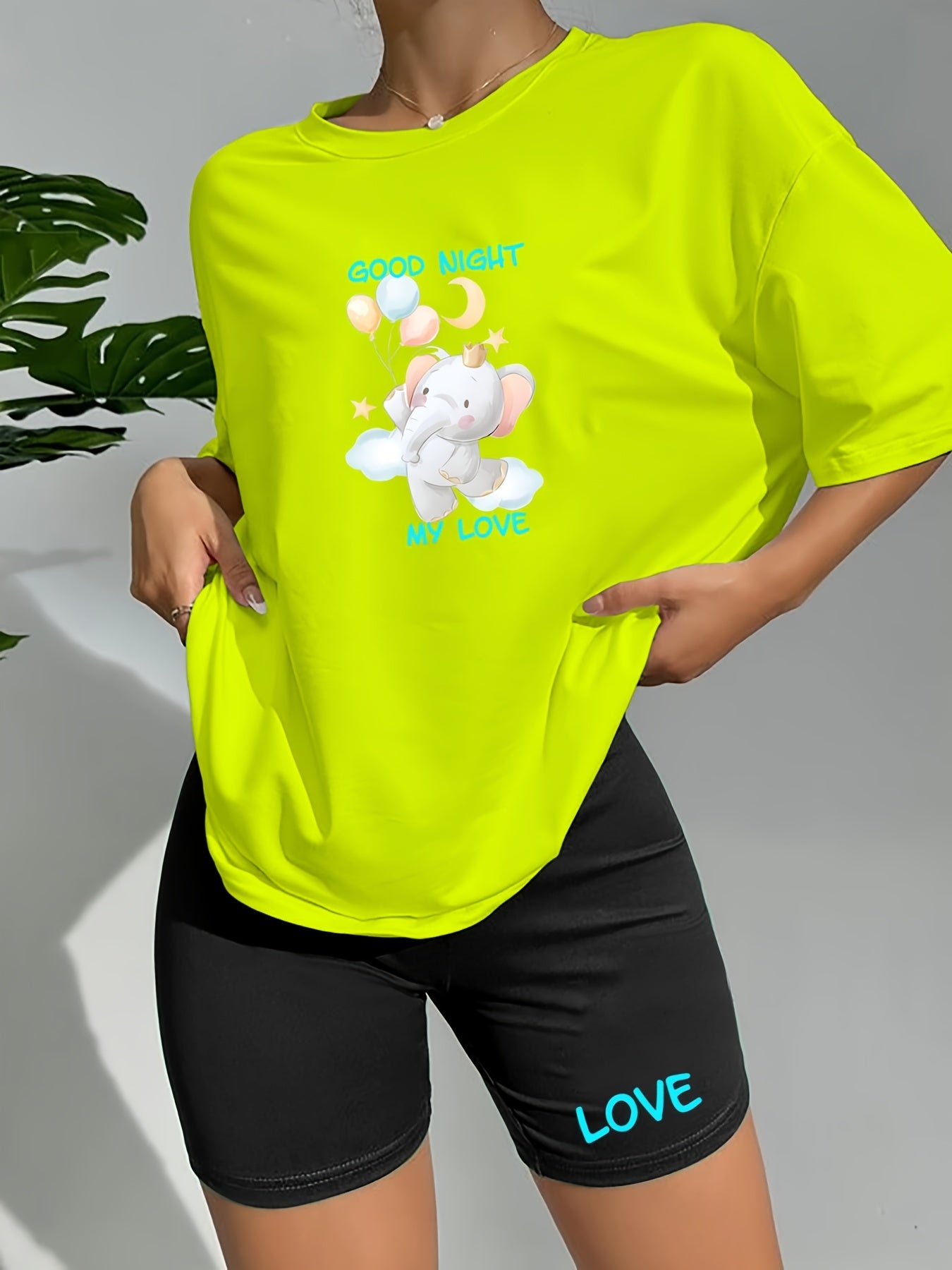 Elephant Print Lounge Set Short Sleeve Crew Neck Top & Elastic Waistband Shorts
