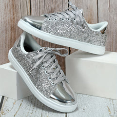 Glitter Faux Leather Flat Skate Shoes Lace Up Sneakers