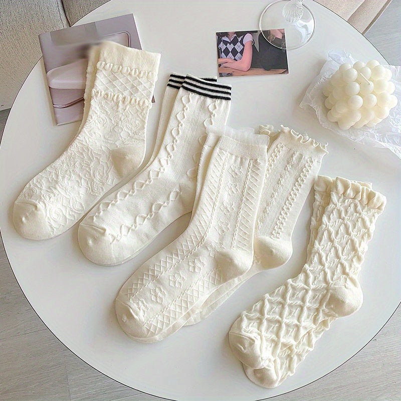5 Pairs 3D Textured Sweet & Ruffle Women's Stockings