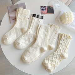 5 Pairs 3D Textured Sweet & Ruffle Women's Stockings