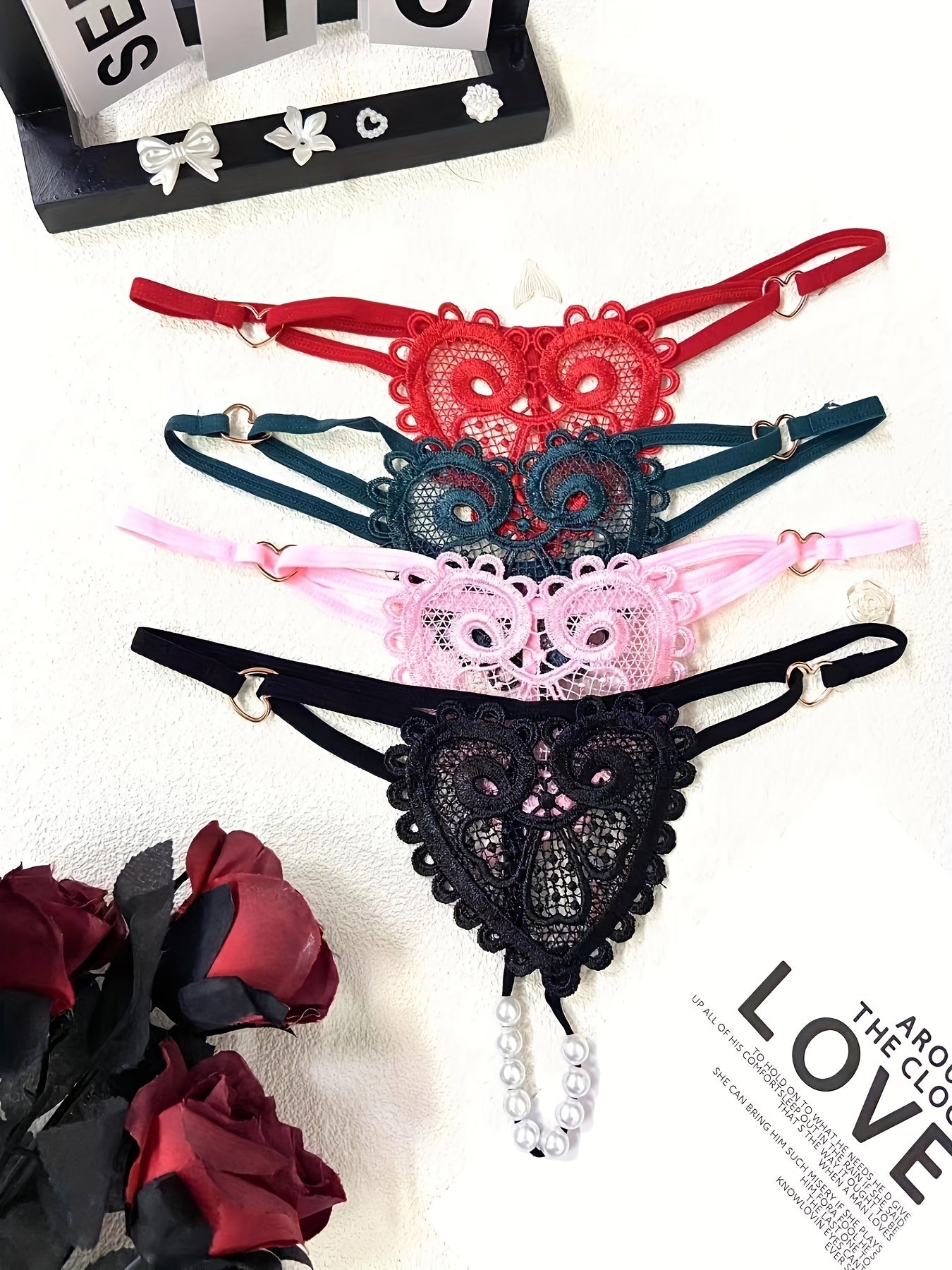 Floral Embroidery Thongs See Through Pearl Massage Panties