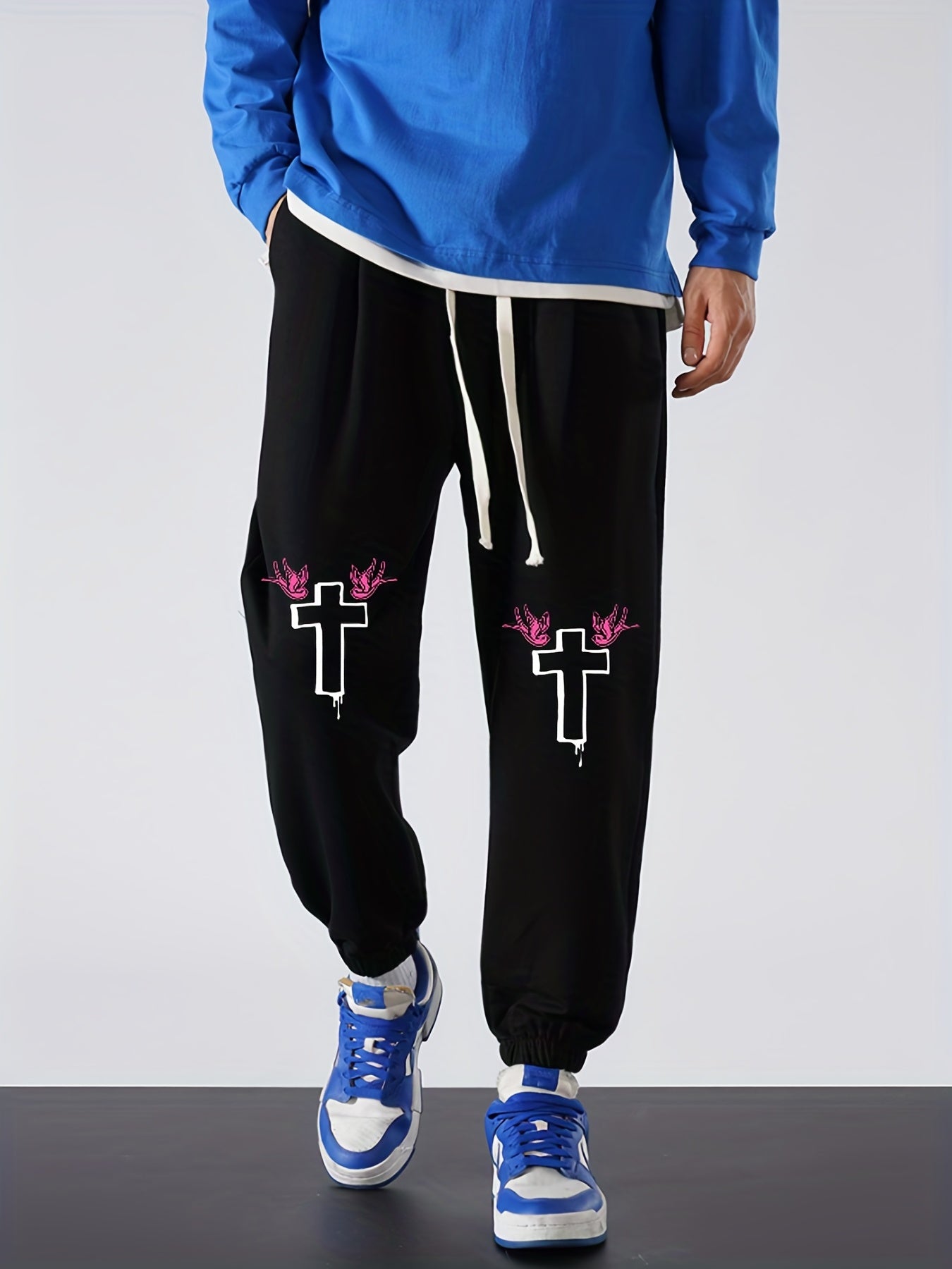Cross Print Men's Drawstring Sweatpants Loose Casual Comfy Jogger Pants