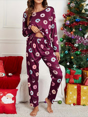 Donut Print Pajama Set Long Sleeve Top & Pants Women's Sleepwear