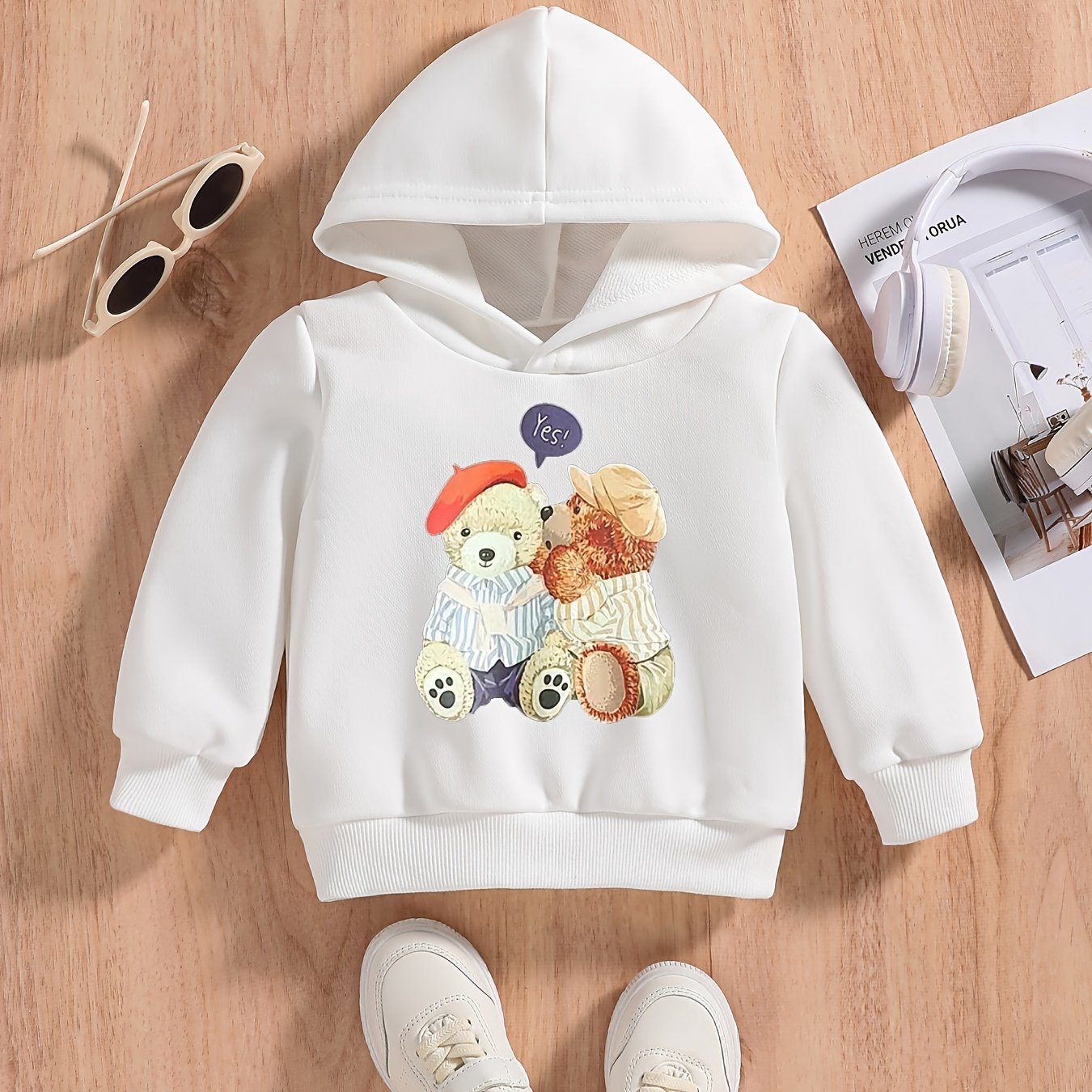 Teddy Bear Doll Print Baby Boys Casual Hooded Sweatshirt