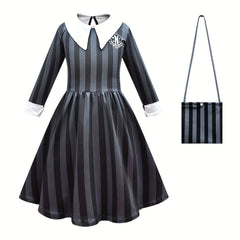 Girl's Stripe Print Dress With Bag Set TV Series Character Cosplay Costume