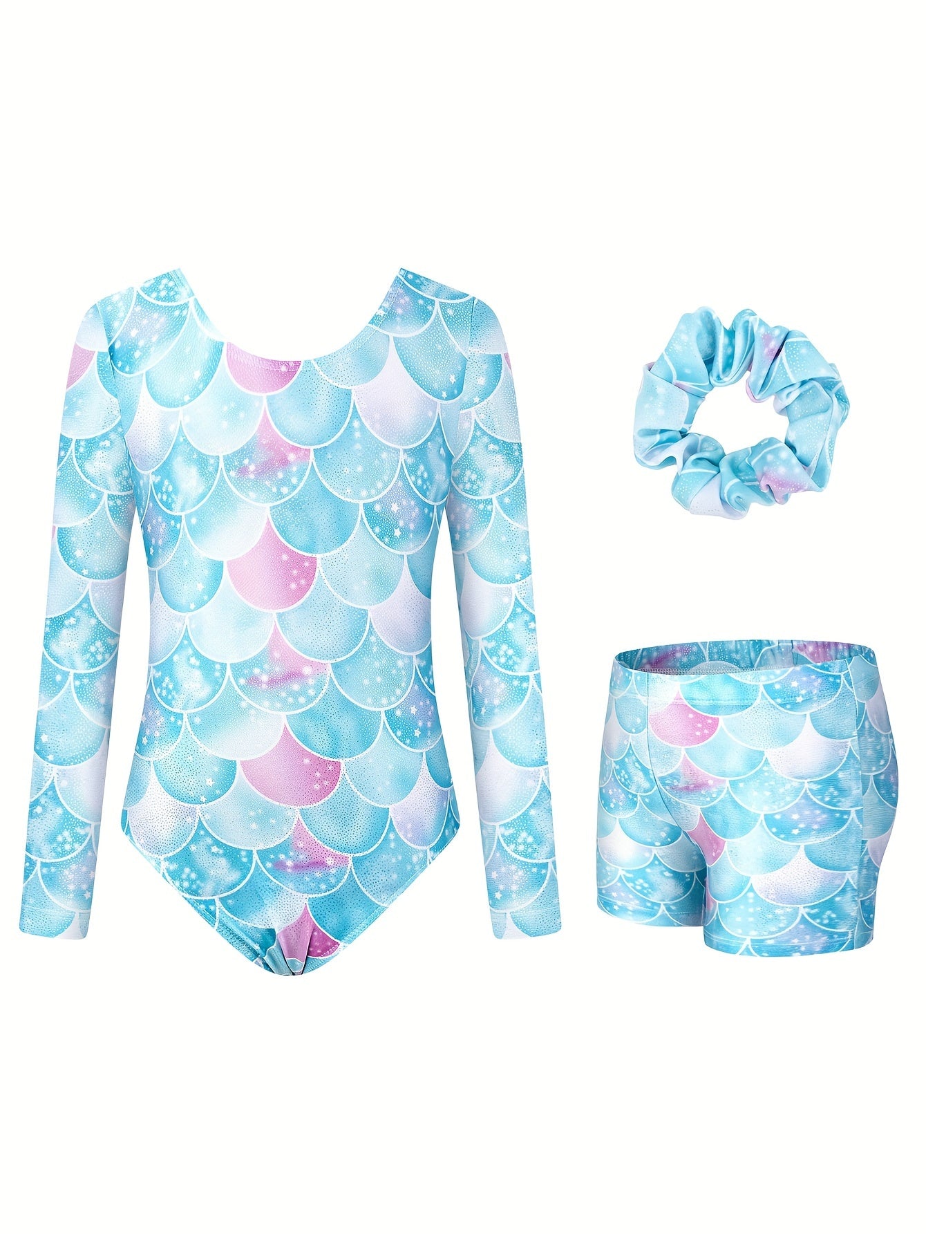 3pcs Girls Fish Scale Gymnastics Leotard Outfits Dance Performance Gift