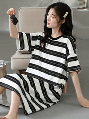 Striped Print Nightdress Short Sleeve Sleep Dress Women's Sleepwear