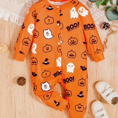 Unisex Baby Halloween BOO Letters Pumpkin Head Ghost Printed Jumpsuit