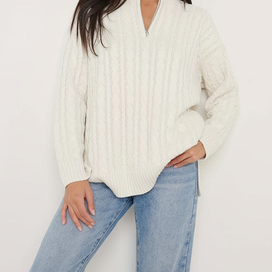 Solid Cable Zip Up Sweater