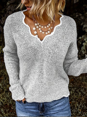 Scallop Trim Knit Sweater V Neck Long Sleeve Casual Women's Clothing