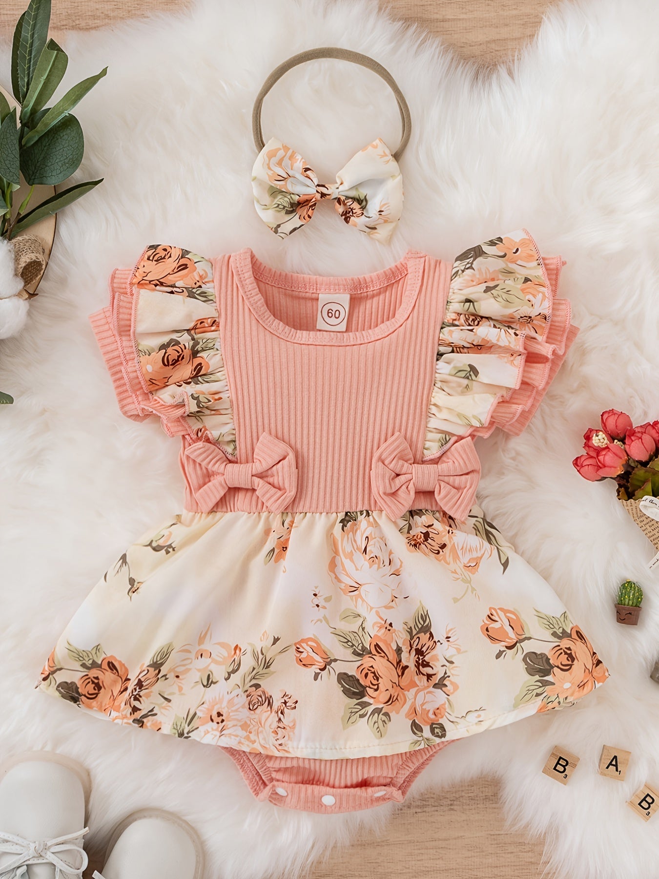 Newborn Infant Dress Splicing Romper Ruffle Flowers Print Short Sleeve Bodysuit